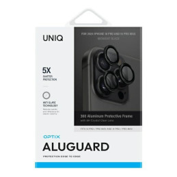 Szkło na obiektyw aparatuUNIQ Optix Aluminium Camera Lens do  iPhone 16 Pro / 16 Pro Max, czarne