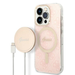 Zestaw Guess 4G Print MagSafe Etui + Ładowarka do Charger iPhone 14 Pro Max, różowe