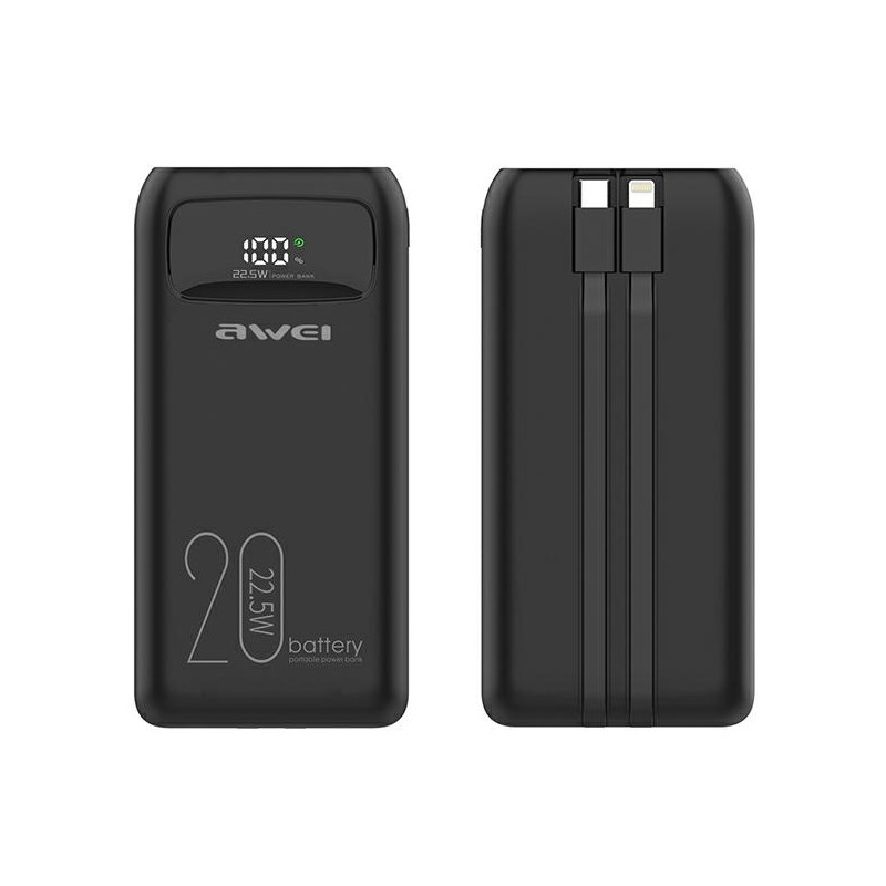 PowerBank AWEI P169K 20000mAh 22.5W wyświetlacz + kable PD/Lightning czarny