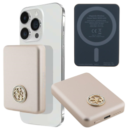 Powerbank z ładowaniem indukcyjnym do telefonu do MagSafe 3000mAh i kablem USB-C, Guess 4G Strassed Metal Logo,  złote