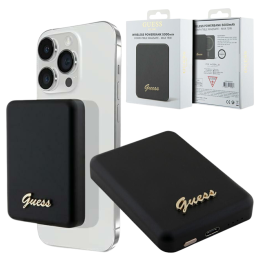 Indukcyjny Powerbank Guess MagSafe Metal Script Logo 15W 5000mAh, czarne
