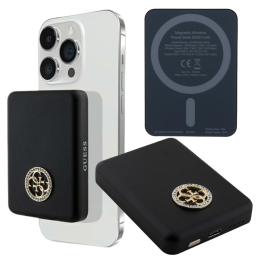 Powerbank z ładowaniem indukcyjnym do telefonu do MagSafe 5000mAh i kablem USB-C, Guess 4G Strassed Metal Logo,  czarne