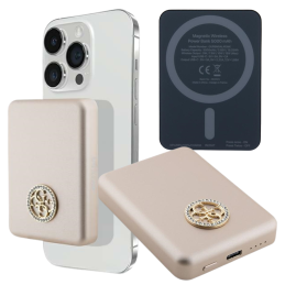 Powerbank z ładowaniem indukcyjnym do telefonu do MagSafe 5000mAh i kablem USB-C, Guess 4G Strassed Metal Logo,  złote