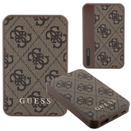 Indukcyjny Powerbank Guess 4G Leather Metal Logo 15W 5000mAh, brązowy/brown