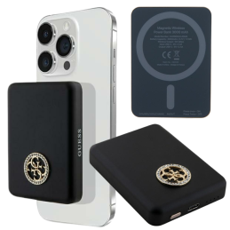 Powerbank z ładowaniem indukcyjnym do telefonu do MagSafe 3000mAh i kablem USB-C, Guess 4G Strassed Metal Logo,  czarne