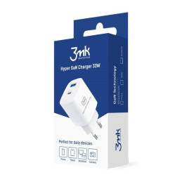 Ładowarka sieciowa 3mk Hyper GaN Charger 33W, USB-A, USB-C, QC, PD, biała