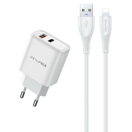 Ładowarka sieciowa AWEI PD81L-EU 22.5W + kabel USB + Lightning GaN biała