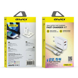 Ładowarka sieciowa AWEI PD81L-EU 22.5W + kabel USB + Lightning GaN biała