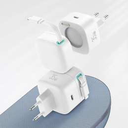 Ładowarka Sieciowa USAMS 1xUSB-C ze zwijanym kablem Lighning Retractable PD+QC 35W Gan Fast Charging biały
