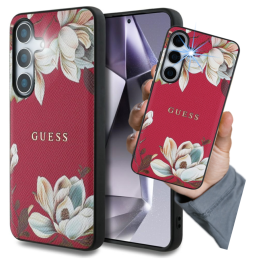 Etui Guess Grained Printed Flower Pattern MagSafe do Galaxy S25, fuksja