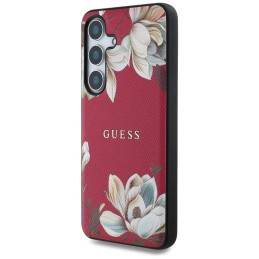 Etui Guess Grained Printed Flower Pattern MagSafe do Galaxy S25, fuksja