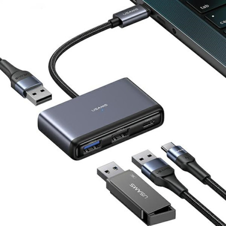 Adapter USAMS HUB 4w1 2xUSB 2.0/USB 3.0/ USB-C szary