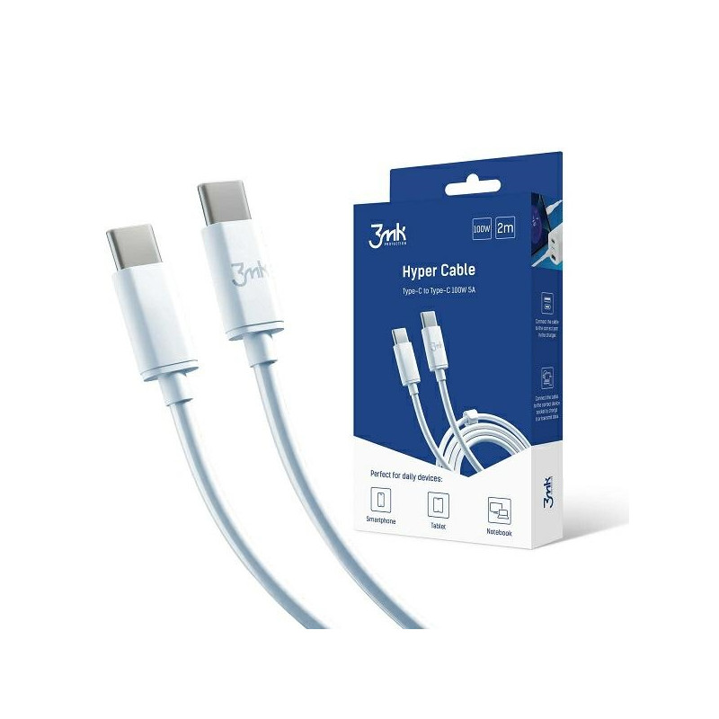 Kabel 3mk Hyper Cable USB-C na USB-C, 100W, 5A, 2m, biały