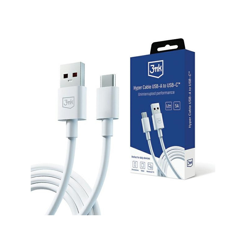 Kabel 3mk Hyper Cable USB-A na USB-C, 60W, 5A, 1,2m, biały
