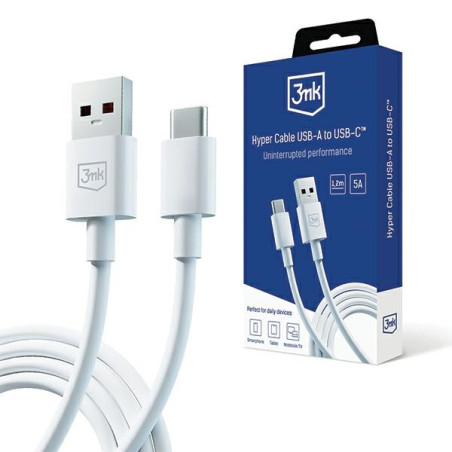Kabel 3mk Hyper Cable USB-A na USB-C, 60W, 5A, 1,2m, biały