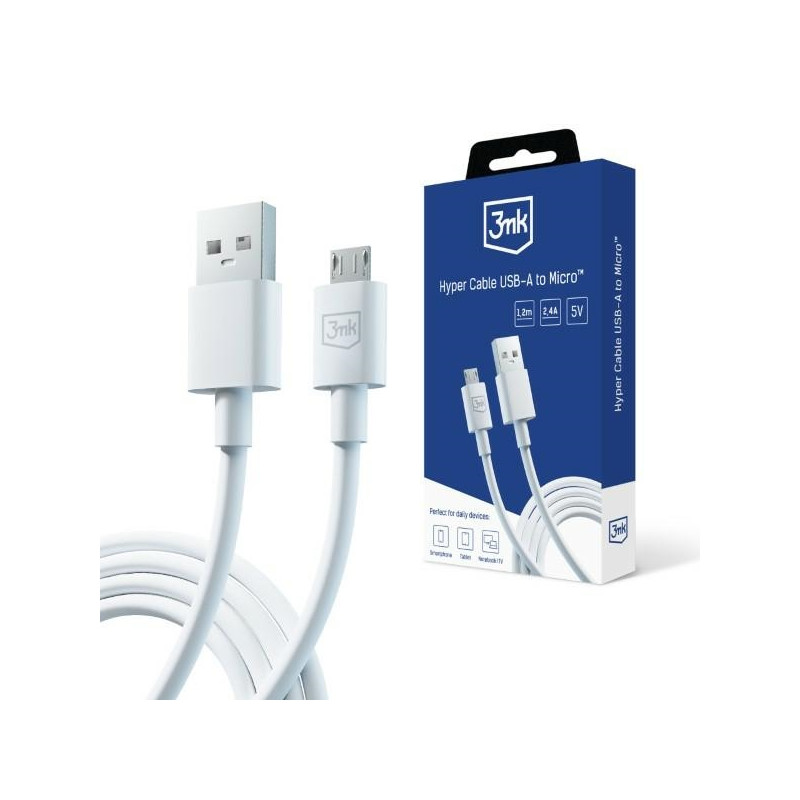 Kabel 3MK Hyper USB-A na Micro USB, 1.2m, 5V, 2,4A, biały