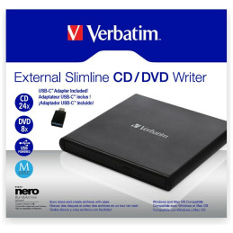 Zewnętrzna nagrywarka Verbatim Slimline CD/DVD USB-A + kabel USB-A/USB-A do USB-C czarny