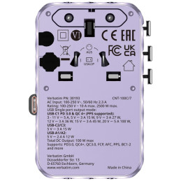 Verbatim Adapter podróżny EU/UK/US GaN 2xUSB-C/2xUSB-A/1xUSB-C PD 100W fioletowy 30193