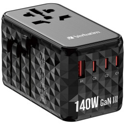 Podróżny Adapter Verbatim EU/UK/US GaNUSB-A/3xUSB-C PD 140W UTA-10 czarny