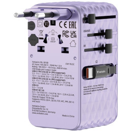 Verbatim Adapter podróżny EU/UK/US GaN 1xUSB-C/1xUSB-A/2xUSB-C PD 70W fioletowy 30188