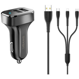 Ładowarka Samochdowa 2xUSB C13 2,1A 3w1 (microUSB/USB-C/lightning) czarny