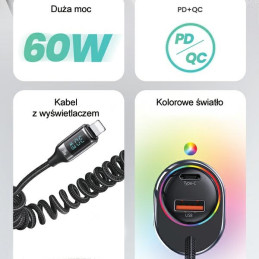 Ładowarka Samochdowa USAMS C37 1xUSB+1xUSB-C 60W + kabel Ligtning 30W PD+QC Fast Charge czarny