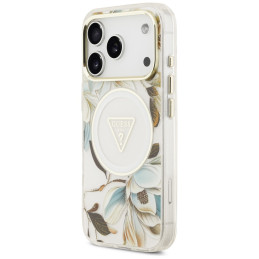 Etui Guess IML Glitter Flowers Triangle MagSafe do iPhone 17 Pro Max biały