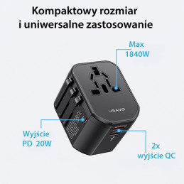 Adapter sieciowy USAMS 2xUSB+1xUSB-C T59 20W 4w1 US/AU/EU/UK czarny