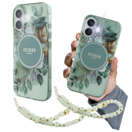 Etui Guess IML Flowers With Pearl Strap MagSafe do iPhone 16 Plus, zielony