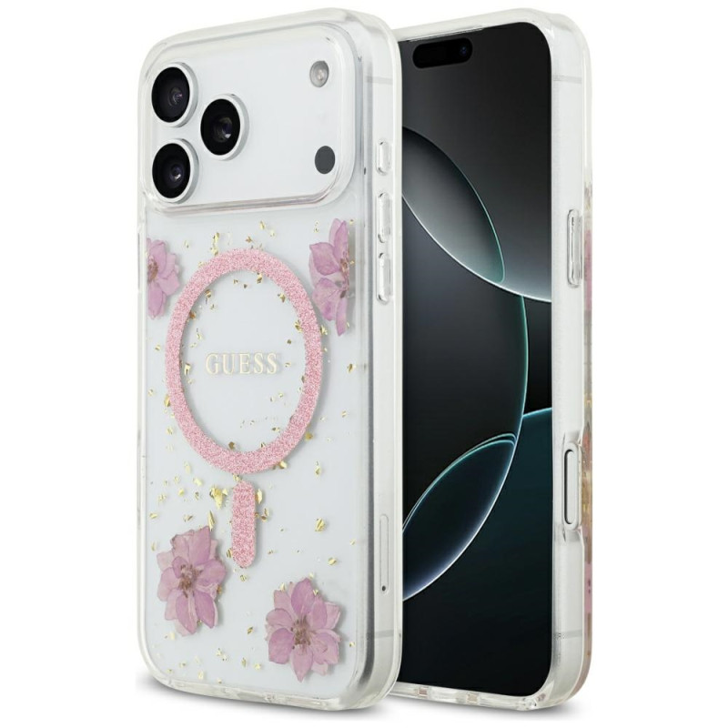Etui Guess Resin Flowers Glitter MagSafe do iPhone 17 Pro Max różowy
