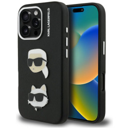Etui Karl Lagerfeld FW Grained Karl & Choupette Heads Pins do iPhone 16 Pro czarny