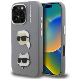 Etui Karl Lagerfeld FW Grained Karl & Choupette Heads Pins do iPhone 16 Pro szary