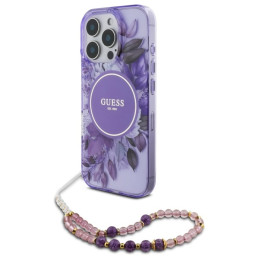 Etui Guess IML Flowers With Pearl Strap MagSafe do iPhone 16 Pro, fioletowy/purple