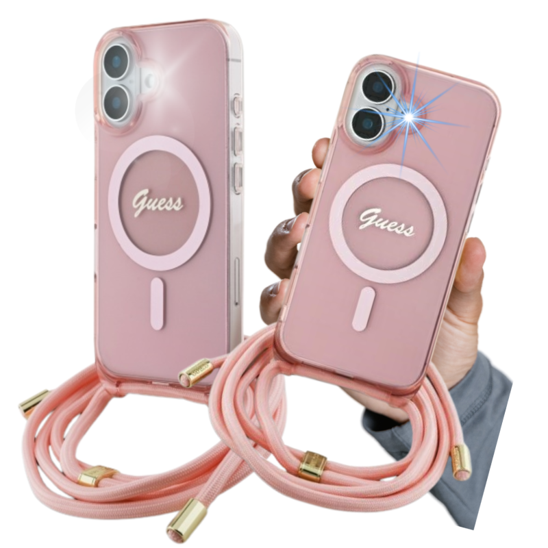 Etui Guess Crossbody Cord Script MagSafe do iPhone 16, różowy/pink