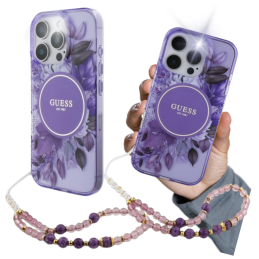 Etui Guess IML Flowers With Pearl Strap MagSafe do iPhone 16 Pro Max, fioletowy/purple