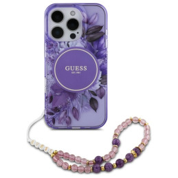 Etui Guess IML Flowers With Pearl Strap MagSafe do iPhone 16 Pro Max, fioletowy/purple