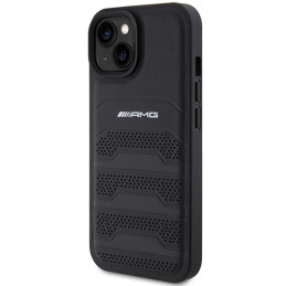 Etui AMG Leather Debossed Lines Black Logo do iPhone 15 Plus, czarny/black