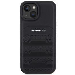 Etui AMG Leather Debossed Lines Black Logo do iPhone 15 Plus, czarny/black