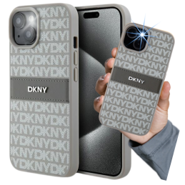 Etui DKNY Leather Mono Stripe & Metal Logo do iPhone 15 Plus, beżowy/beige