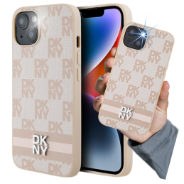 Etui DKNY Leather Checkered Mono Pattern & Printed Stripes do iPhone 15 Plus, różowy/pink