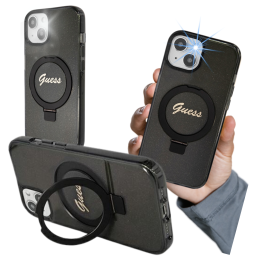 Etui Guess Ring Stand Script Glitter MagSafe do iPhone 15 Plus,  czarny/black
