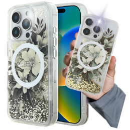 Etui Guess Liquid Glitter Flower MagSafe do iPhone 16 Pro Max, beżowy/beige
