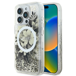Etui Guess Liquid Glitter Flower MagSafe do iPhone 16 Pro Max, beżowy/beige