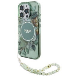 Etui Guess IML Flowers With Pearl Strap MagSafe do iPhone 16 Pro, zielony/green