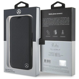 Etui Mercedes bookcase Leather Wood Imitation do iPhone 16 Pro, czarne