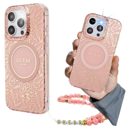 Etui Guess IML Flowers Allover Electro With Pearl Strap MagSafe do iPhone 16 Pro, różowy/pink