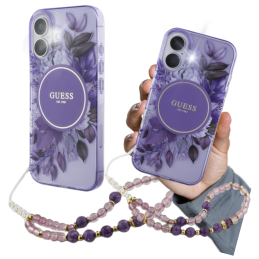 Etui Guess IML Flowers With Pearl Strap MagSafe do iPhone 16 Plus, fioletowy/purple