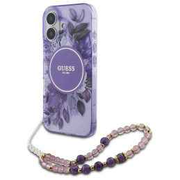 Etui Guess IML Flowers With Pearl Strap MagSafe do iPhone 16 Plus, fioletowy/purple