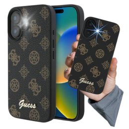 Etui Guess Peony Script MagSafe do iPhone 16, czarne