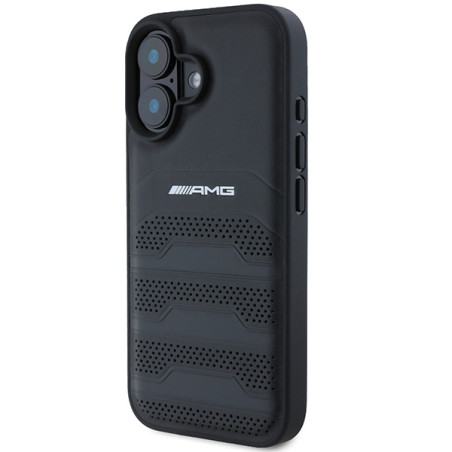 Etui AMG Leather Debossed Lines Black Logo do iPhone 16, czarne